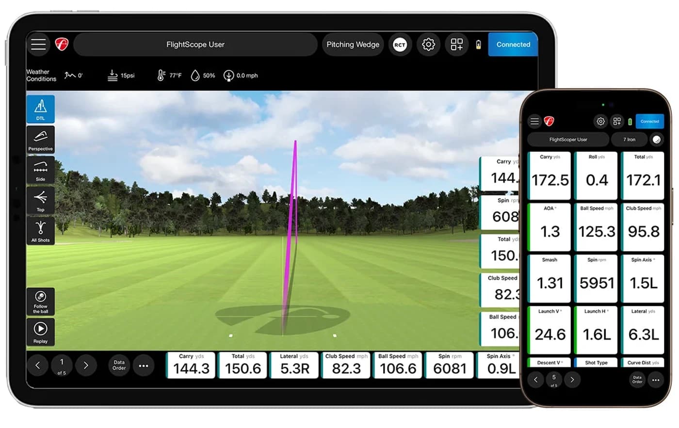 The FS Golf app on a tablet and phone, showing a shot's flight path beside its carry, ball speed, club speed and spin numbers