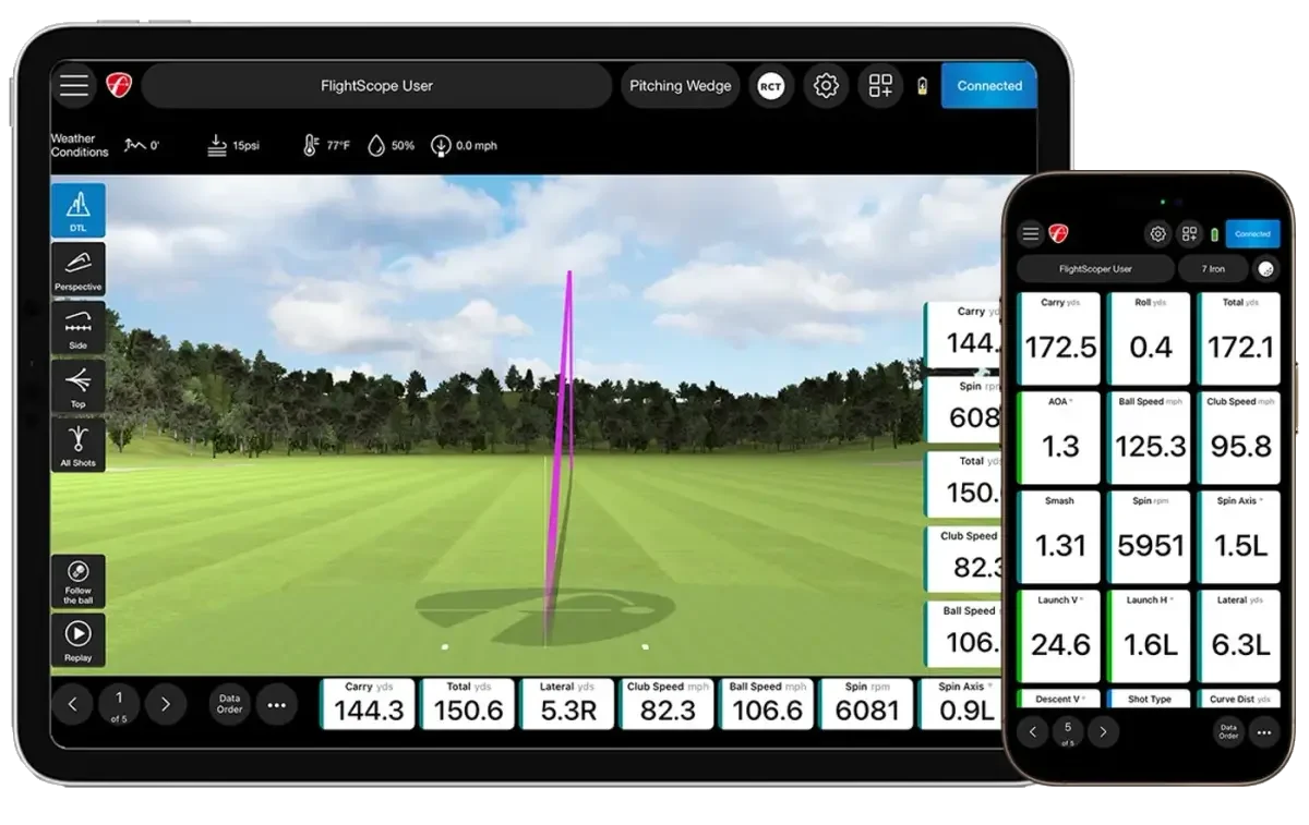 FlightScope session shown across desktop and mobile devices